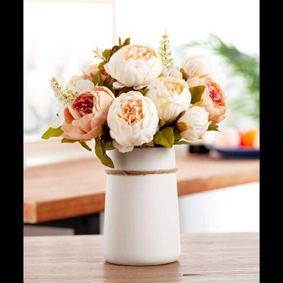 Silk Peony Bouquet with Ceramic Vase Included Large Size 14" Wedding Centerpiece